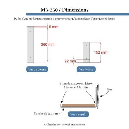 Pour étagère de 25 cm (équerre inversée avec rebord) - M3-250